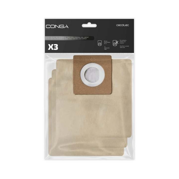 Cecotec Pack de 3 Bolsas de Recambio para Conga Powerbag 2000 - Alta Capacidad de Filtracion - Faciles de Instalar - Material Re