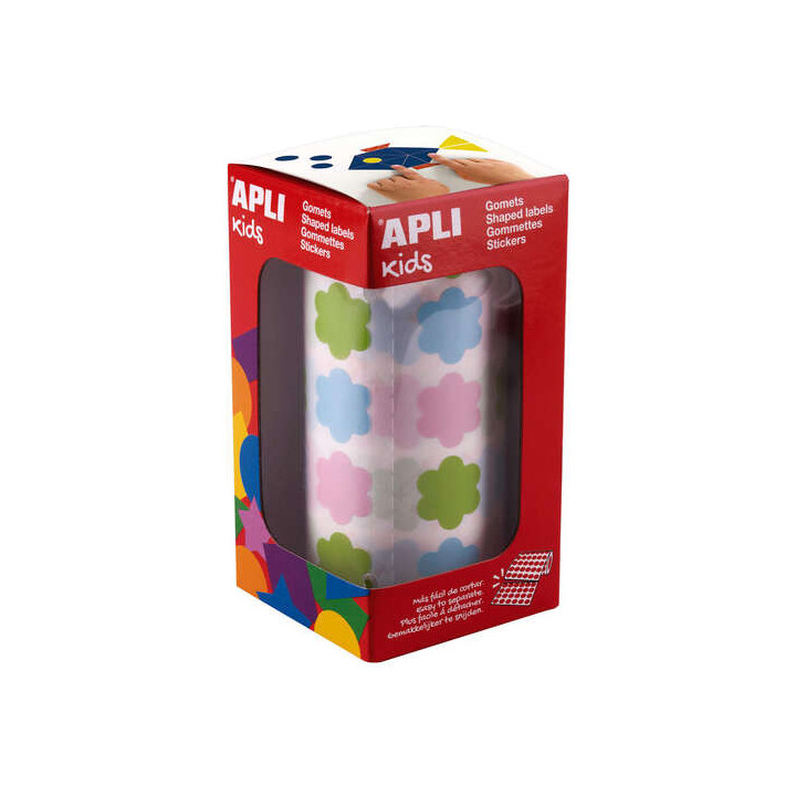 Apli Kids Rollo de 900 Gomets con Forma de Flor - Adhesivo Base Agua - Libre de Disolventes - Materiales 100% Reciclables - Col