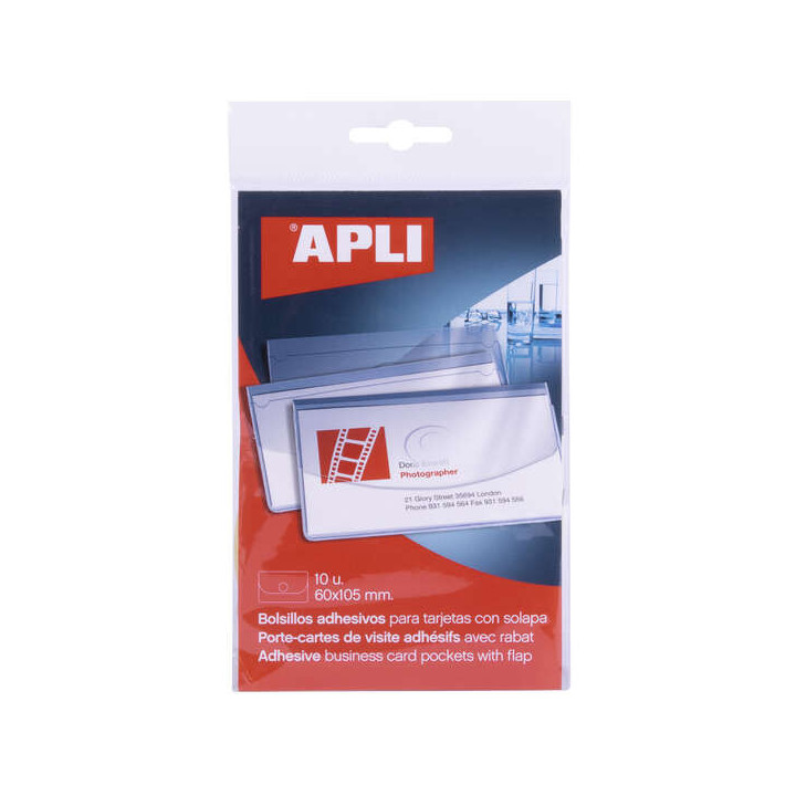 Apli Pack de 10 Bolsillos Adhesivos Porta Tarjetas con Solapa de Cierre - Medidas 100x60mm - Ideal para Presentaciones Impresas
