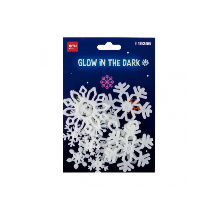 Apli Pack con 12 Copos de Nieve Luminiscentes 3D - Plastico Solido - Brillan en la Oscuridad - Adhesivo Permanente - Diseños y