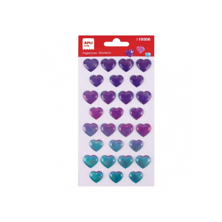 Apli Bolsa de Pegatinas de Corazones - Tornasol - Relieve - Efecto Metalizado - Adhesivo Permanente - Ideal para Scrapbooking y