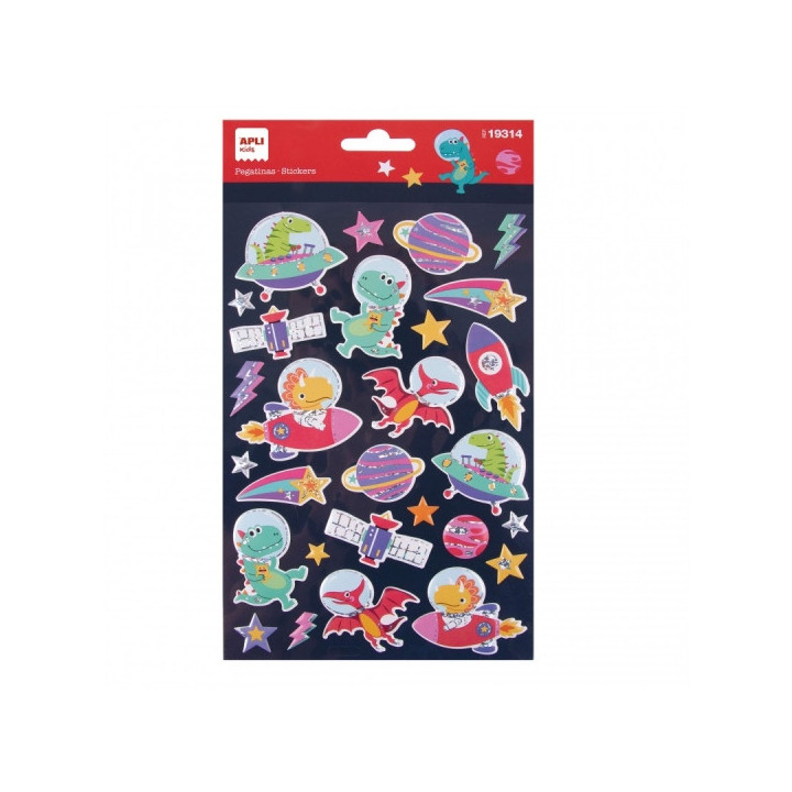 Apli Bolsa de Pegatinas Dinosaurios en el Espacio - Relieve y Detalles Metalizados - Adhesivo Permanente - Estimula Creatividad