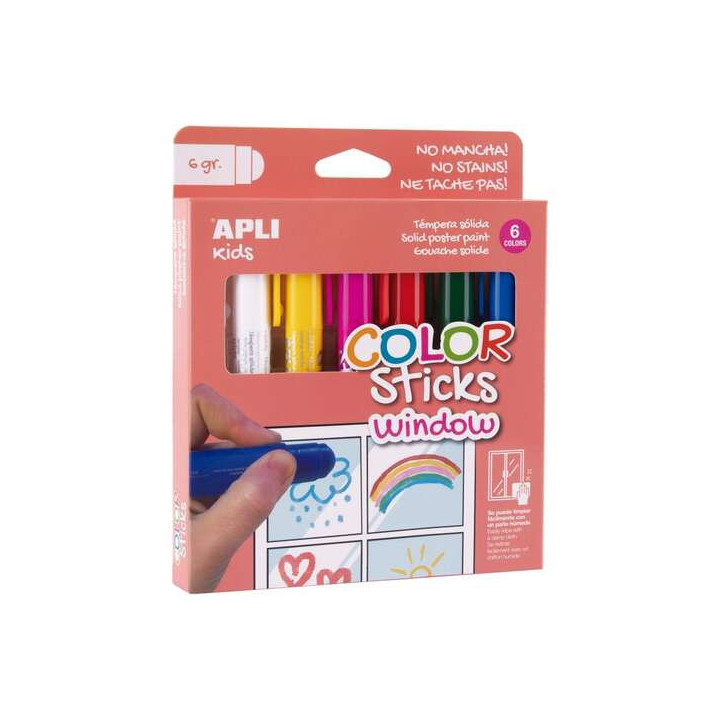 Apli Kids Color Sticks Window Pack 6 Temperas Solidas 6gr - Especiales para Dibujar y Pintar sobre Cristales - Facil Limpieza -