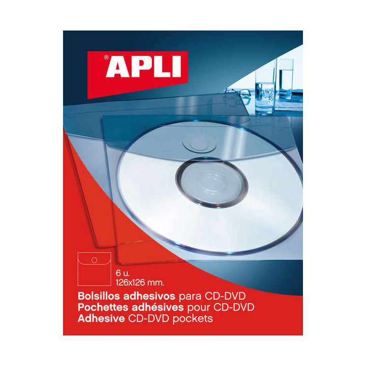 Apli Bolsillos Adhesivos para Cd/Dvd con Solapa de Cierre - Tamaño 126 x 126mm - Ideal para Presentaciones Impresas y Archivad