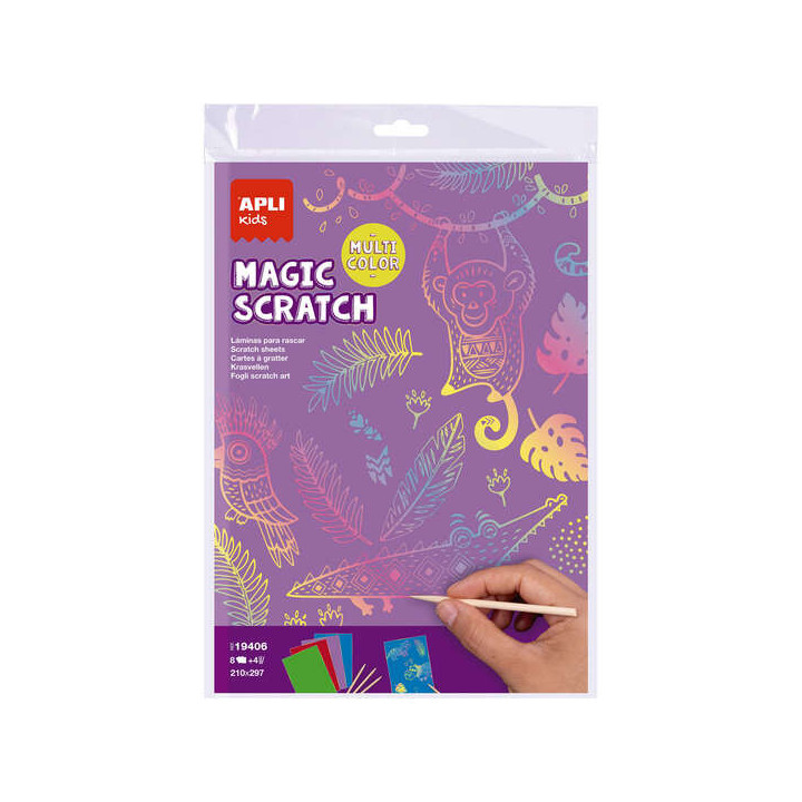 Apli Magic Scratch Colores Pack de 8 Laminas para Rascar - Medidas 210 x 297mm - Colores Surtidos
