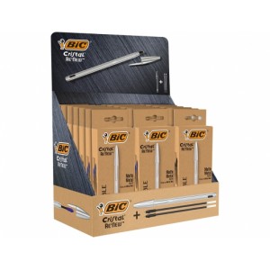 Bic Cristal Re´new Expositor de 21 Boligrafos de Bola con Cuerpo Metalico + 2 Recambios - 15 Tinta Azul y 6 Tinta Negra - Punt