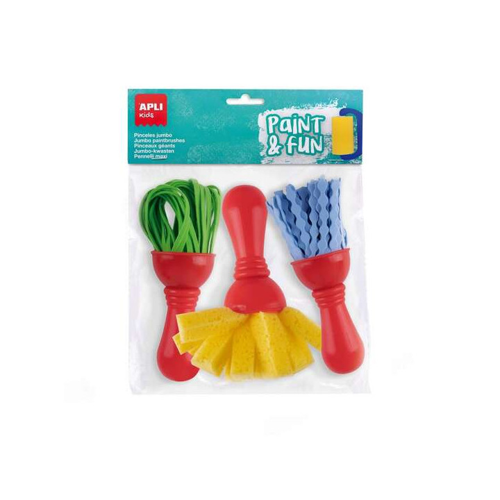 Apli Kids Paint & Fun Pack de 3 Pinceles de Goma EVA y Esponja - Formato Maxi - Colores Surtidos