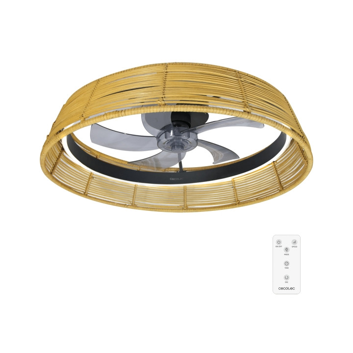 Cecotec EnergySilence LampAero 600 Natural Design Ventilador de Techo con 5 Aspas y Luz - 20W - Tulipa de Mimbre - 3 Tonos LED -