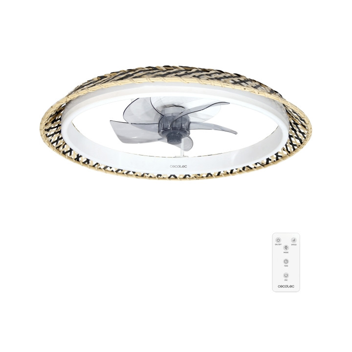 Cecotec EnergySilence LampAero 610 Natural Design Ventilador de Techo con 5 Aspas y Luz - 20W - Tulipa de Mimbre - 3 Tonos LED -