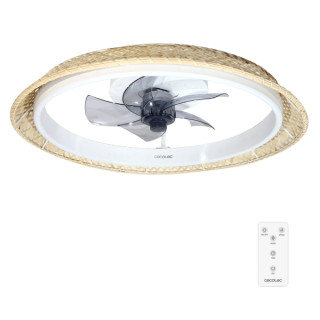 Cecotec EnergySilence LampAero 620 Natural Design Ventilador de Techo con 5 Aspas y Luz - 20W - Tulipa de Mimbre - 3 Tonos LED -