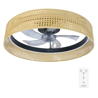 Cecotec EnergySilence LampAero 600 Beige Design Ventilador de Techo con 5 Aspas y Luz - 20W - Tulipa de Mimbre - 3 Tonos LED - T