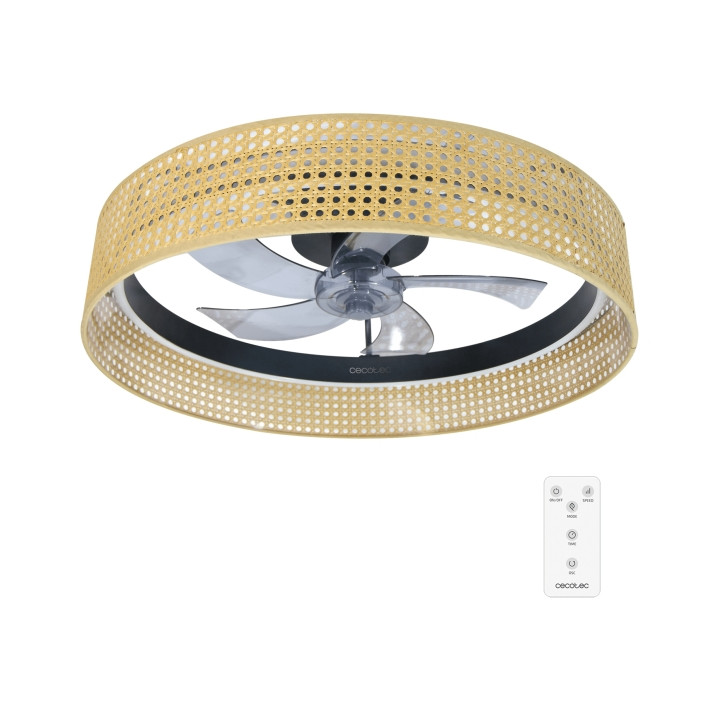 Cecotec EnergySilence LampAero 600 Beige Design Ventilador de Techo con 5 Aspas y Luz - 20W - Tulipa de Mimbre - 3 Tonos LED - T