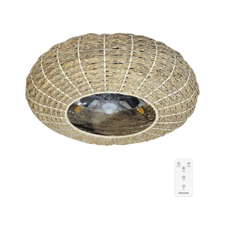 Cecotec EnergySilence LampAero 650 Natural Wicker Ventilador de Techo con 5 Aspas y Luz - 20W - Tulipa de Yute - Lampara con 3 T