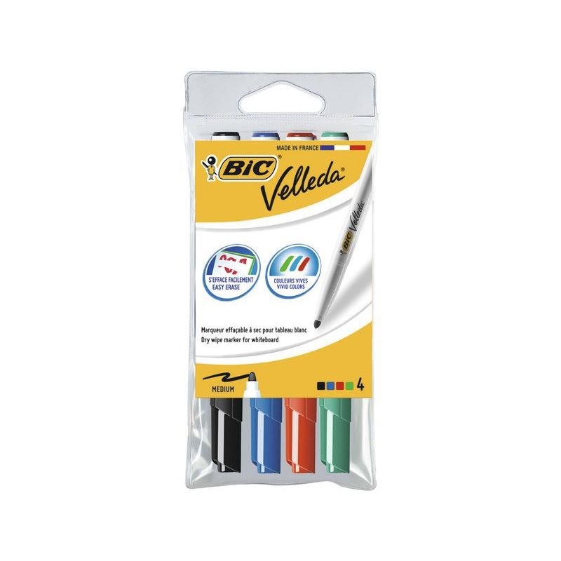 Bic Velleda 1741 Pack de 4 Rotuladores para Pizarra - Punta Media - Trazo de 1.4mm - Borrado Optimo - Colores Surtidos Bic Velleda 1741 Pack de 4 Rotuladores para Pizarra - Punta Media - Trazo de 1.4mm - Borrado Optimo - Colores Surtidos