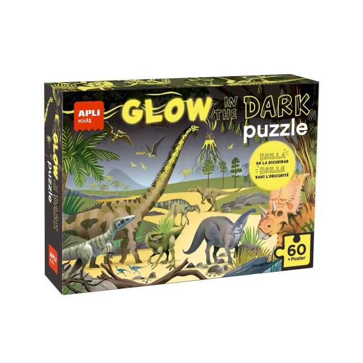Apli Glow in the Dark Puzzle Fluorescente de 60 Piezas 6x6cm - Tematica Dinosaurios - Efecto Fluorescente que Revela Diseños O