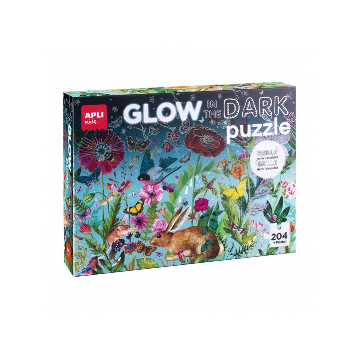 Apli Glow in the Dark Puzzle Fluorescente de 204 Piezas 5x5cm - Tematica de Flores con Fauna y Flora - Efecto Fluorescente que