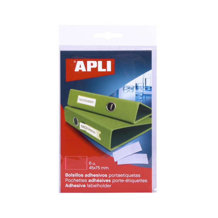 Apli Bolsillos Adhesivos para Etiquetas - 45 x 75mm - Cambia la Informacion de la Etiqueta Segun tus Necesidades - Pack de 6 Un