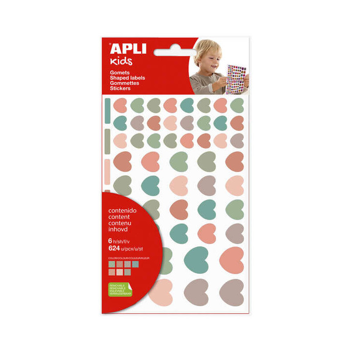 Apli Kids Bolsa de 624 Gomets Corazones Nordik - Adhesivo Removible - Tamaños y Colores Surtidos
