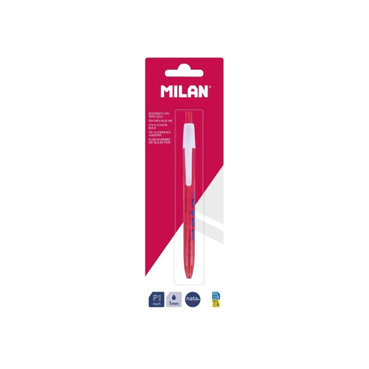 Milan P1 Nata® 624 Boligrafo de Bola Retractil - Punta Redonda 1mm - Tinta Color Azul - Cuerpo de Color Rosa/Blanco