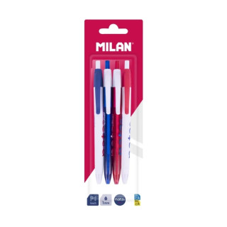Milan P1 Nata® 624 Pack con 4 Boligrafos de Bola Retractiles - Punta Redonda 1mm - Tinta Color Azul - Cuerpos de Colores Surtido