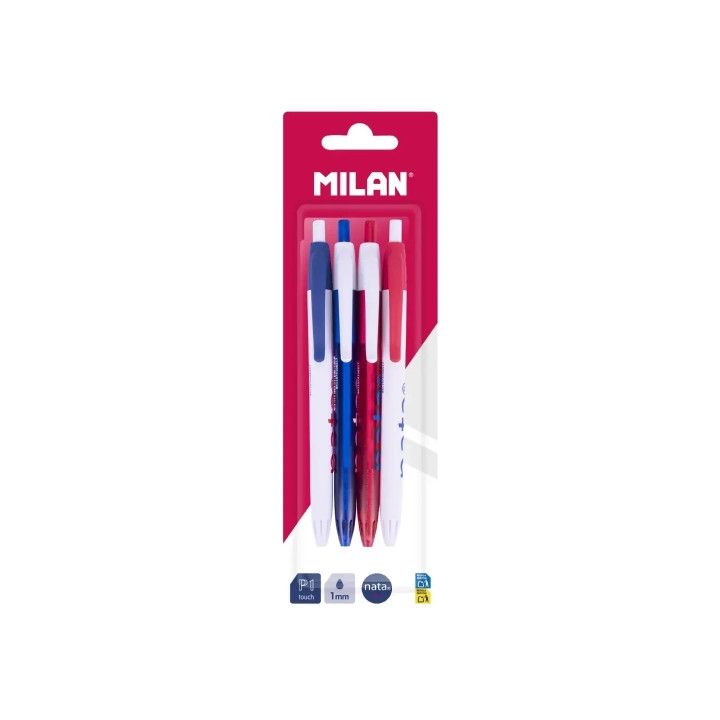 Milan P1 Nata® 624 Pack con 4 Boligrafos de Bola Retractiles - Punta Redonda 1mm - Tinta Color Azul - Cuerpos de Colores Surtido
