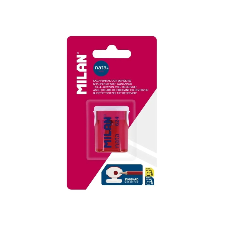 Milan Nata® 624 Sacapuntas con Deposito - Cuchilla de Acero - Color Rosa/Blanco