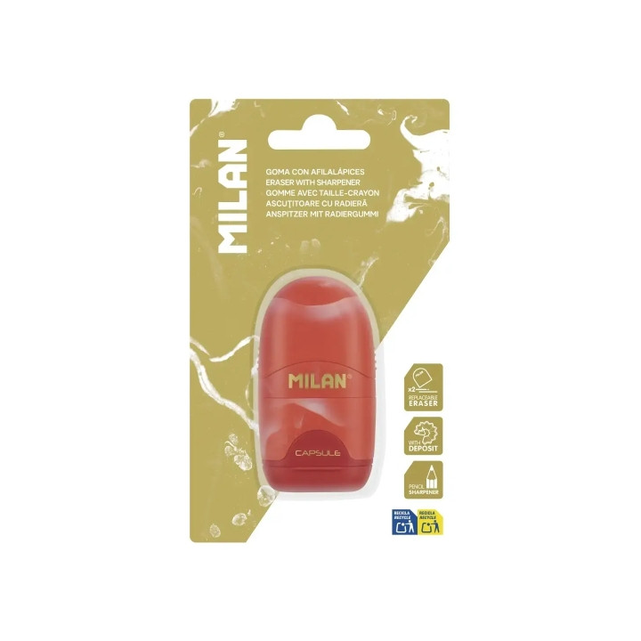 Milan Lava Capsule Afilaborra - Sacapuntas y Goma de Borrar - Cuchilla de Acero de Seguridad - Colores Surtidos Aleatorios