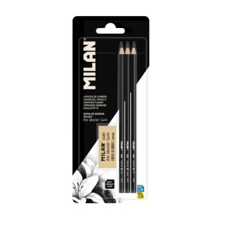 Milan Art Pack de 3 Lapices de Carboncillo + Goma The Master Gum - Color Negro