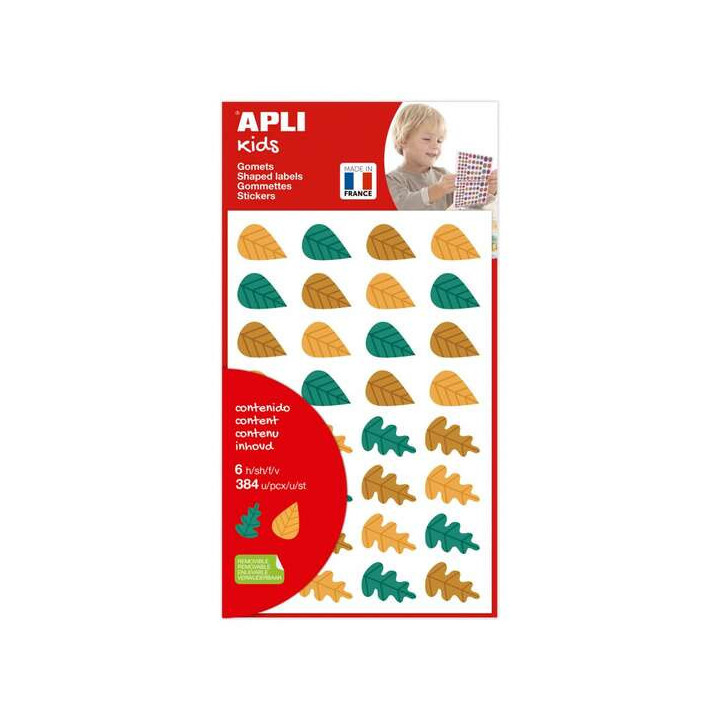 Apli Kids Bolsa de 384 Gomets Hojas de Arboles - Adhesivo Removible - Formas y Colores Surtidos