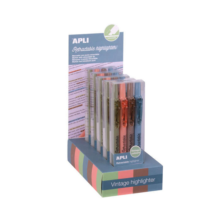 Apli Retractable Highlighter Expositor con 5 Packs de 4 Subrayadores Retractiles - Punta Biselada 4mm - Colores Surtidos Vintag