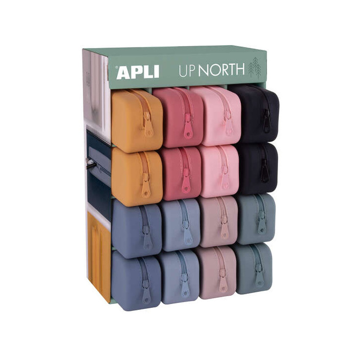 Apli Up North Expositor de 16 Estuches de Silicona Rectangular - Cremallera Repelente al Agua - Medidas 75x185x55mm - Colores S