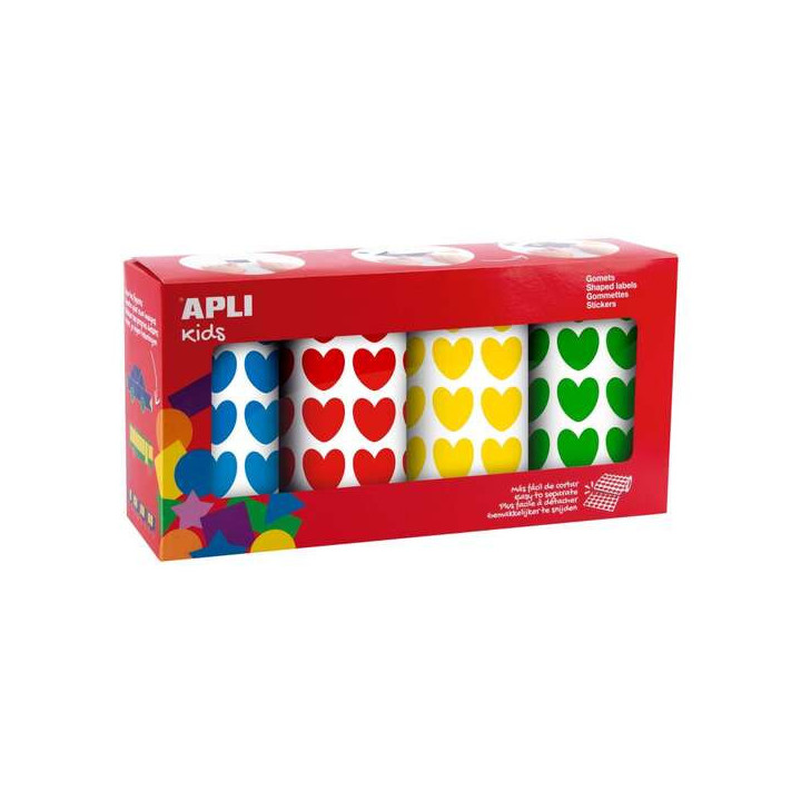 Apli Pack de 4 Rollos de Gomets Corazon - 1770 Gomets por Rollo - Adhesivo Permanente - 7080 Gomets en Total - Ideales para Esc