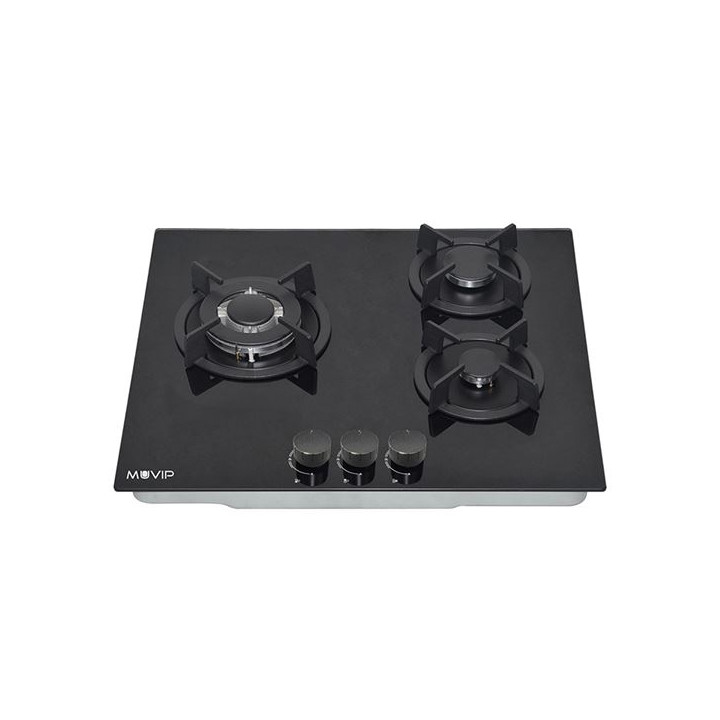 Muvip MV0626 Cocina de Gas Encastrable - 3 Zonas de Coccion - Quemador y Soportes de Hierro Fundido - Cristal Templado de Alta R