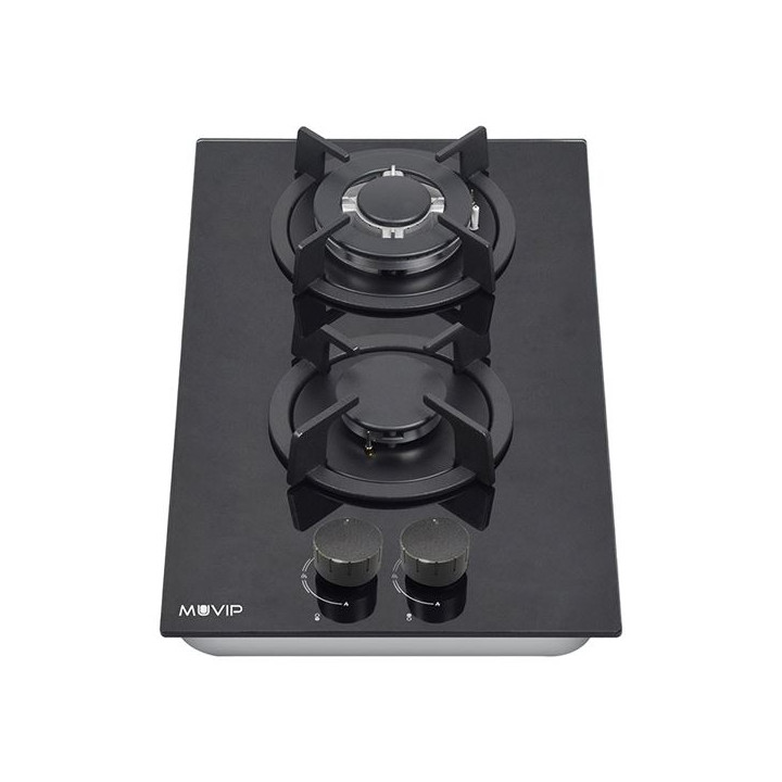 Muvip MV0627 Cocina de Gas Encastrable - 2 Zonas de Coccion de 26cm - Quemador y Soportes de Hierro Fundido - Cristal Templado d