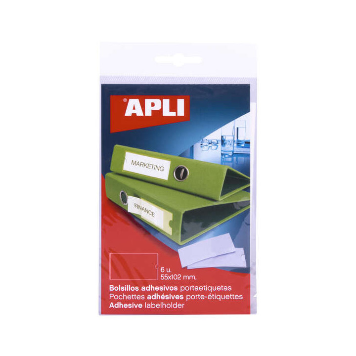 Apli Bolsillos Adhesivos para Etiquetas - 55 x 102mm - Cambia la Informacion de la Etiqueta Segun tus Necesidades - Contiene 6