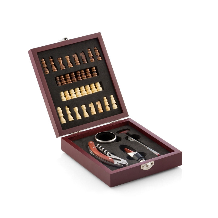 Innovagoods Set de 5 Accesorios para Vino con Juego de Ajedrez Completo - Material Madera y Acero Inoxidable - Ideal para Regala