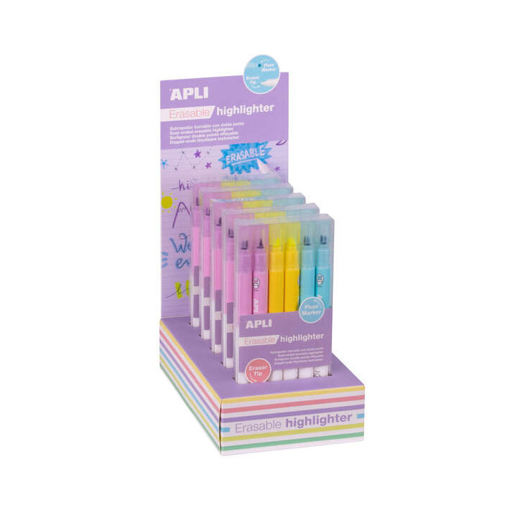 Apli Erasable Highlighter Expositor de 5 Packs de 6 Subrayadores Borrables - Punta Biselada 4mm - Colores Surtidos