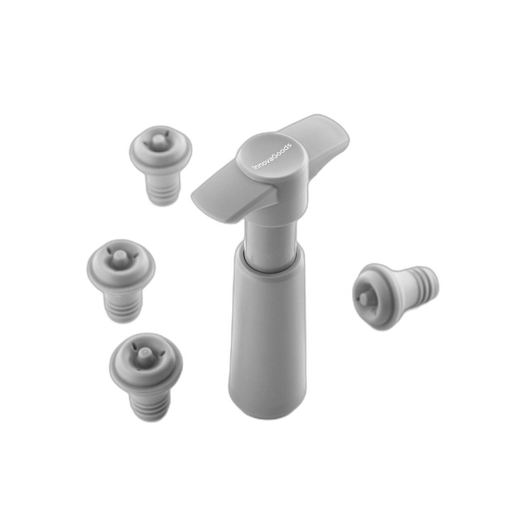 Innovagoods Winuum Bomba Manual de Vacio y Tapones para Vino - Incluye 4 Tapones Reutilizables - Evita Oxidacion Del Vino - Comp
