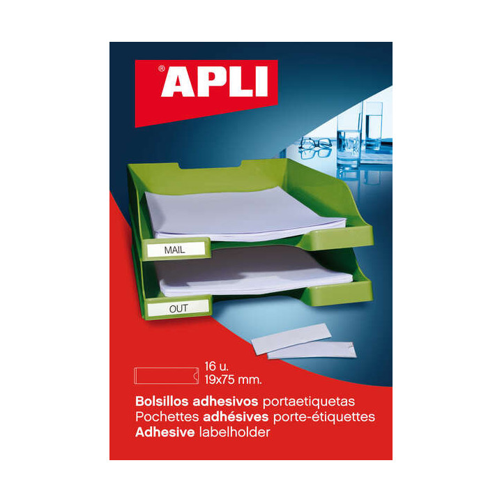 Apli Bolsillos Adhesivos para Etiquetas - Tamaño 19 x 75mm - Cambia la Informacion de la Etiqueta Segun tus Necesidades - 16 B
