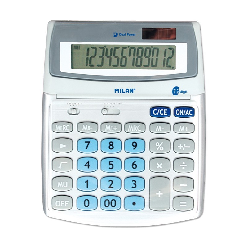 Milan Calculadora de 12 Digitos Grande - Pantalla Inclinable - 3 Teclas de Memoria - Calculo de Margenes - Memoria Doble - Colo