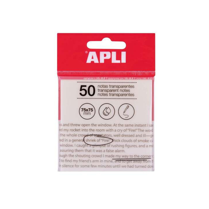 Apli Bloc de 50 Notas Adhesivas Transparentes 75x75mm - Para Anotar sin Perder la Visibilidad del Texto o la Imagen - Resistent