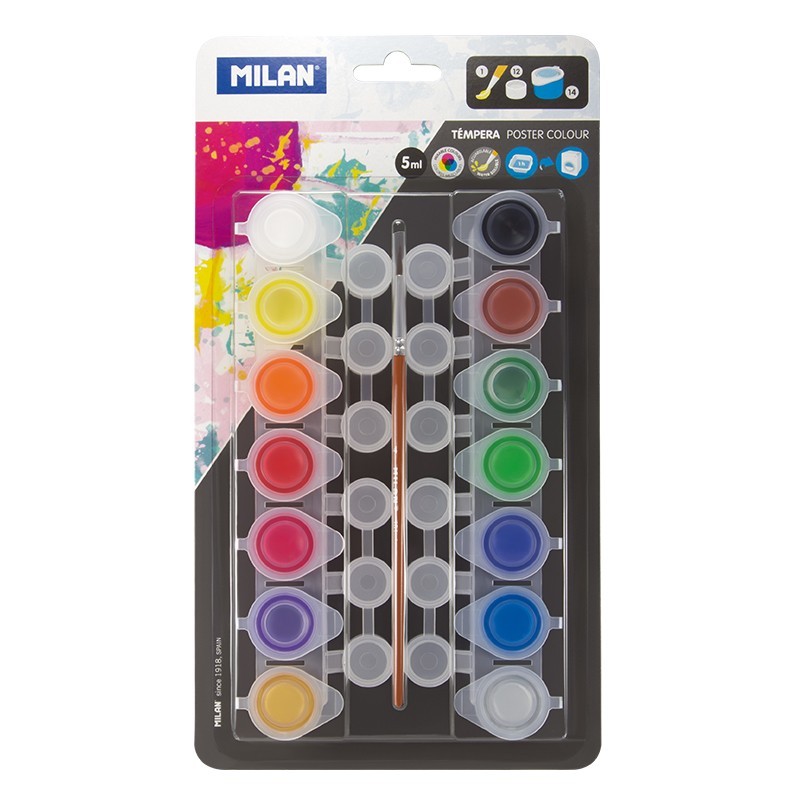 Milan Pack de 14 Tarros de Tempera 5 ml + 12 Botes para Mezclas + 1 Pincel Serie 101 - Secado Rapido - Mezclable - Colores Surt Milan Pack de 14 Tarros de Tempera 5 ml + 12 Botes para Mezclas + 1 Pincel Serie 101 - Secado Rapido - Mezclable - Colores Surt
