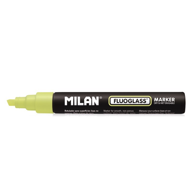 Milan Fluoglass Rotulador para Superficies Lisas - Punta Biselada - Trazo de 2 a 4mm - Tinta al Agua - Borrado Facil - Color Am Milan Fluoglass Rotulador para Superficies Lisas - Punta Biselada - Trazo de 2 a 4mm - Tinta al Agua - Borrado Facil - Color Am