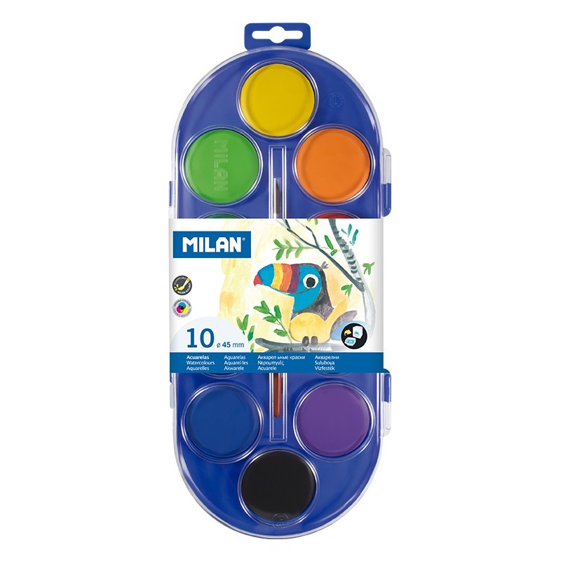 Milan 80009 Estuche de 10 Acuarelas Ø45 mm + Pincel Serie 101 - Mezclable - Colores Surtidos Milan 80009 Estuche de 10 Acuarelas Ø45 mm + Pincel Serie 101 - Mezclable - Colores Surtidos