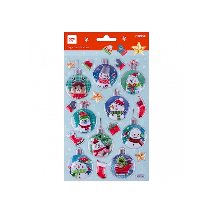 Apli Bolsa con 20 Pegatinas Navideñas Bola Muñeco de Nieve - Adhesivo Permanente - Diseños Surtidos - Ideal para Decorar Reg