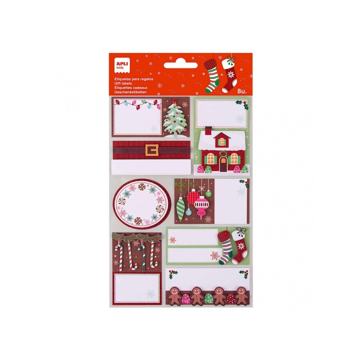 Apli Pack de 8 Etiquetas Adhesivas Navideñas para Regalos - Tamaños y Diseños Surtidos - Espacio para Escribir