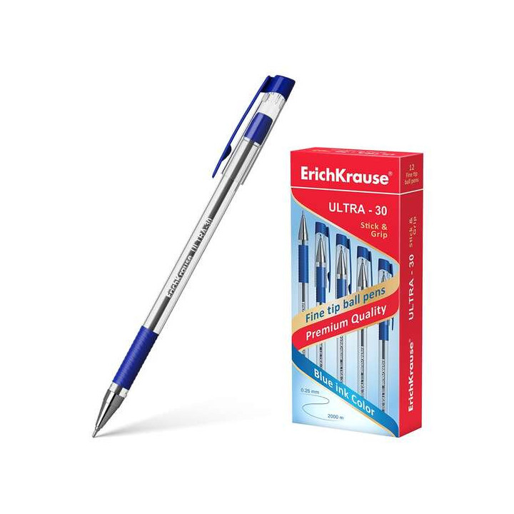 Erichkrause Boligrafo Ultra-30 - Recargable con Punta Fina Fine Tip - Cuerpo Transparente con Agarre de Goma - Tinta de Secado