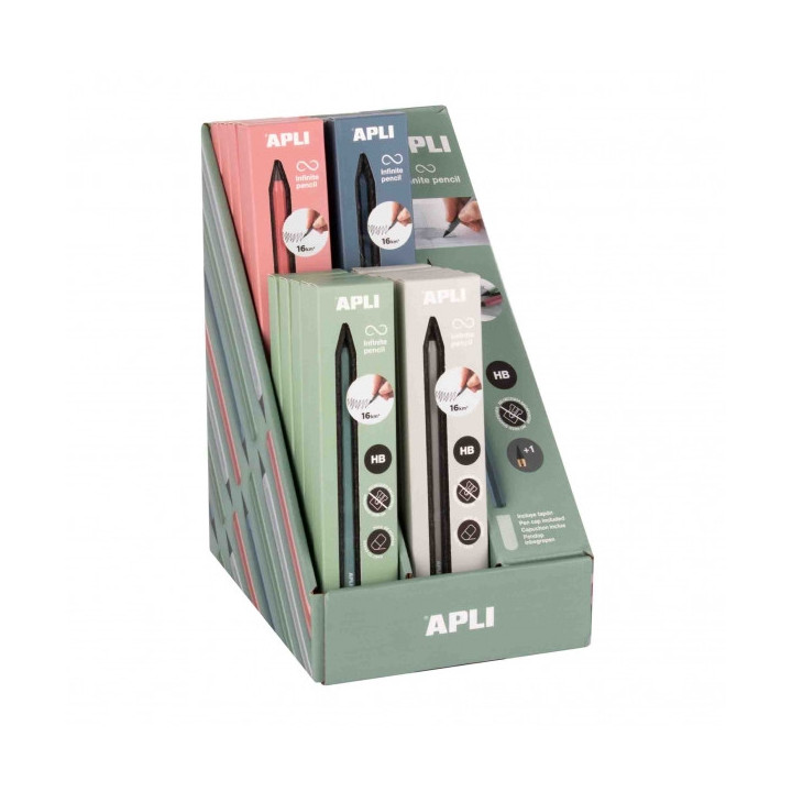 Apli Infinite Pencil Expositor con 20 Packs de Lapiz Infinito HB + Mina de Recambio + Tapon Protector - Para Escribir hasta 16k