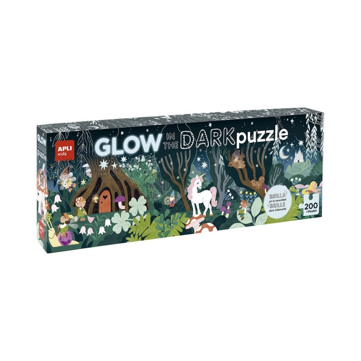 Apli Glow in the Dark Puzzle Fluorescente de 200 Piezas 6x5cm - Tematica Bosque Magico - Efecto Fluorescente que Revela Diseño
