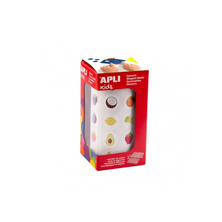 Apli Rollo de Gomets Frutas - Adhesivo Permanente - 900 Gomets - Formas Surtidas - Ideal para Guarderias - Desarrolla Psicomotr